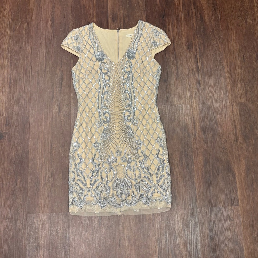 Silver Sequin Art Deco Glam Bodycon Mini Dress NYE Cocktail Party S Great Gatsby